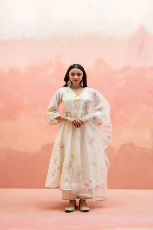 Pearl White Pari Anarkali Set - Pallodstore