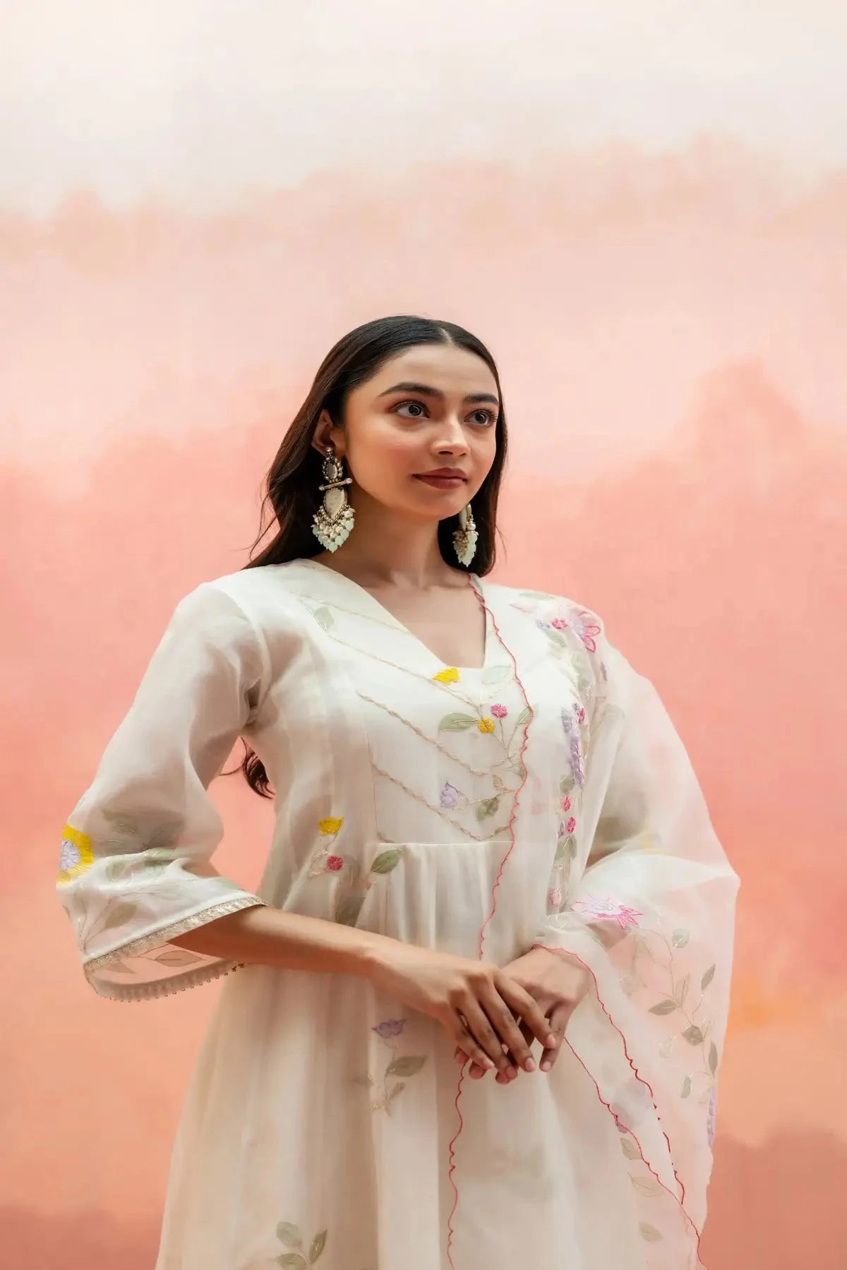 Pearl White Pari Anarkali Set - Pallodstore