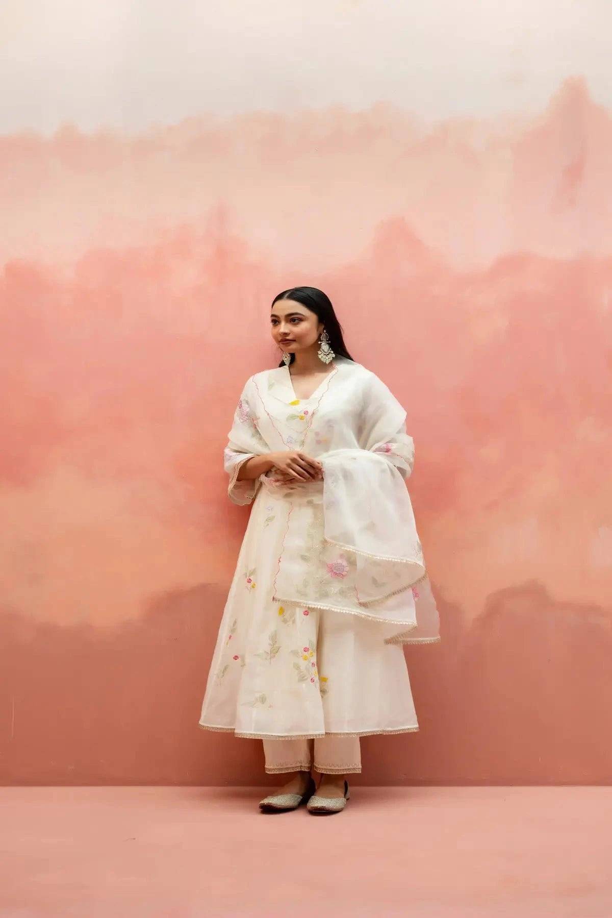 Pearl White Pari Anarkali Set - Pallodstore