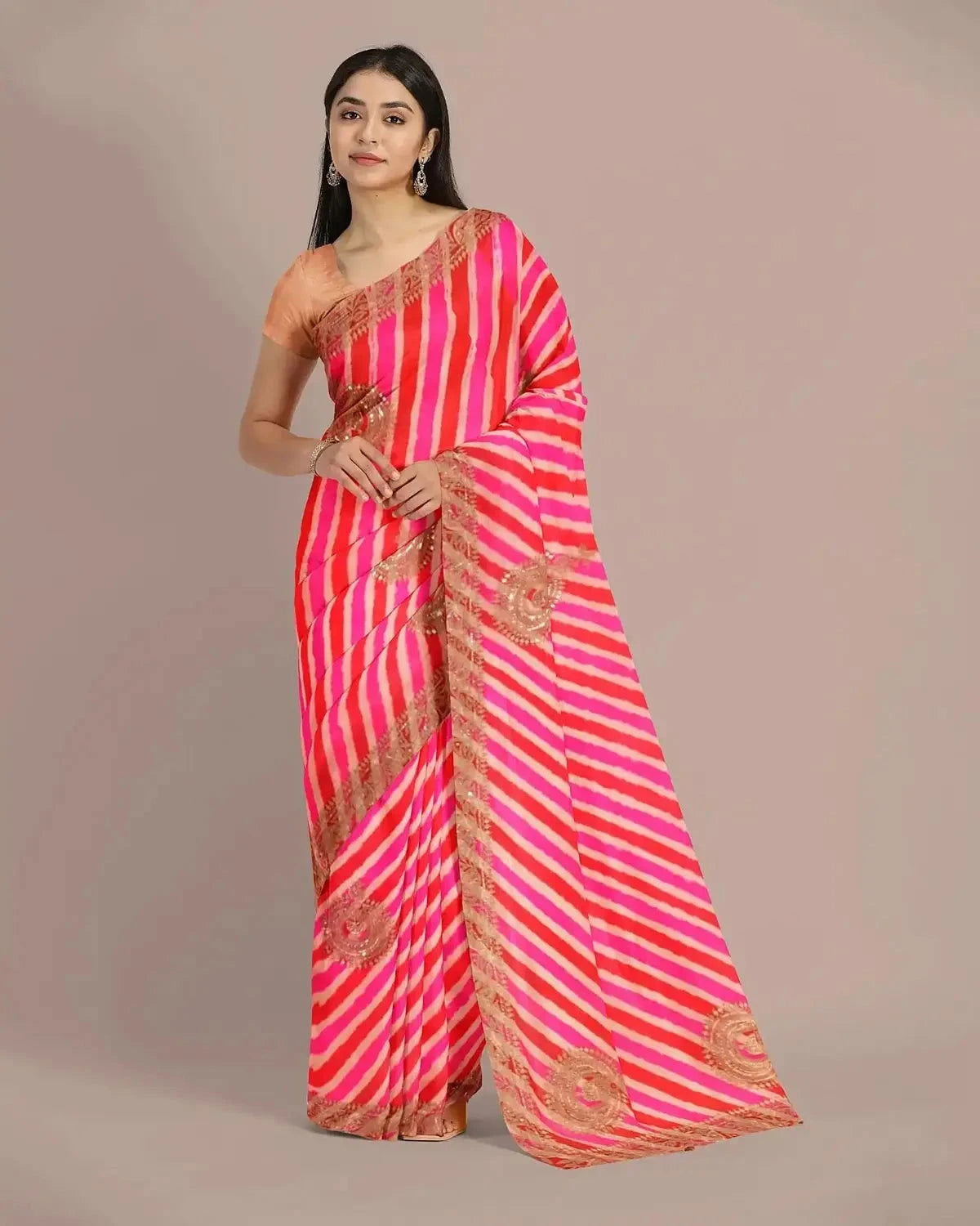 Pink And Red Embroidered Lehriya Saree - Pallodstore