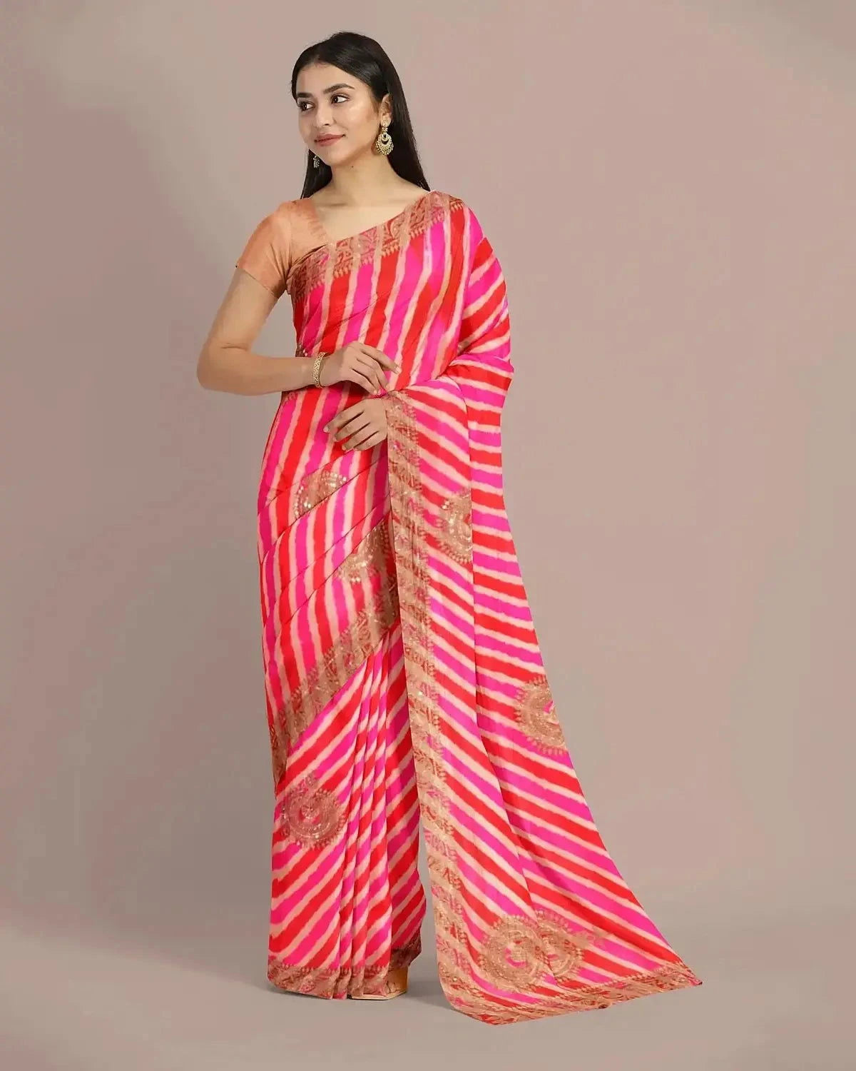 Pink And Red Embroidered Lehriya Saree - Pallodstore