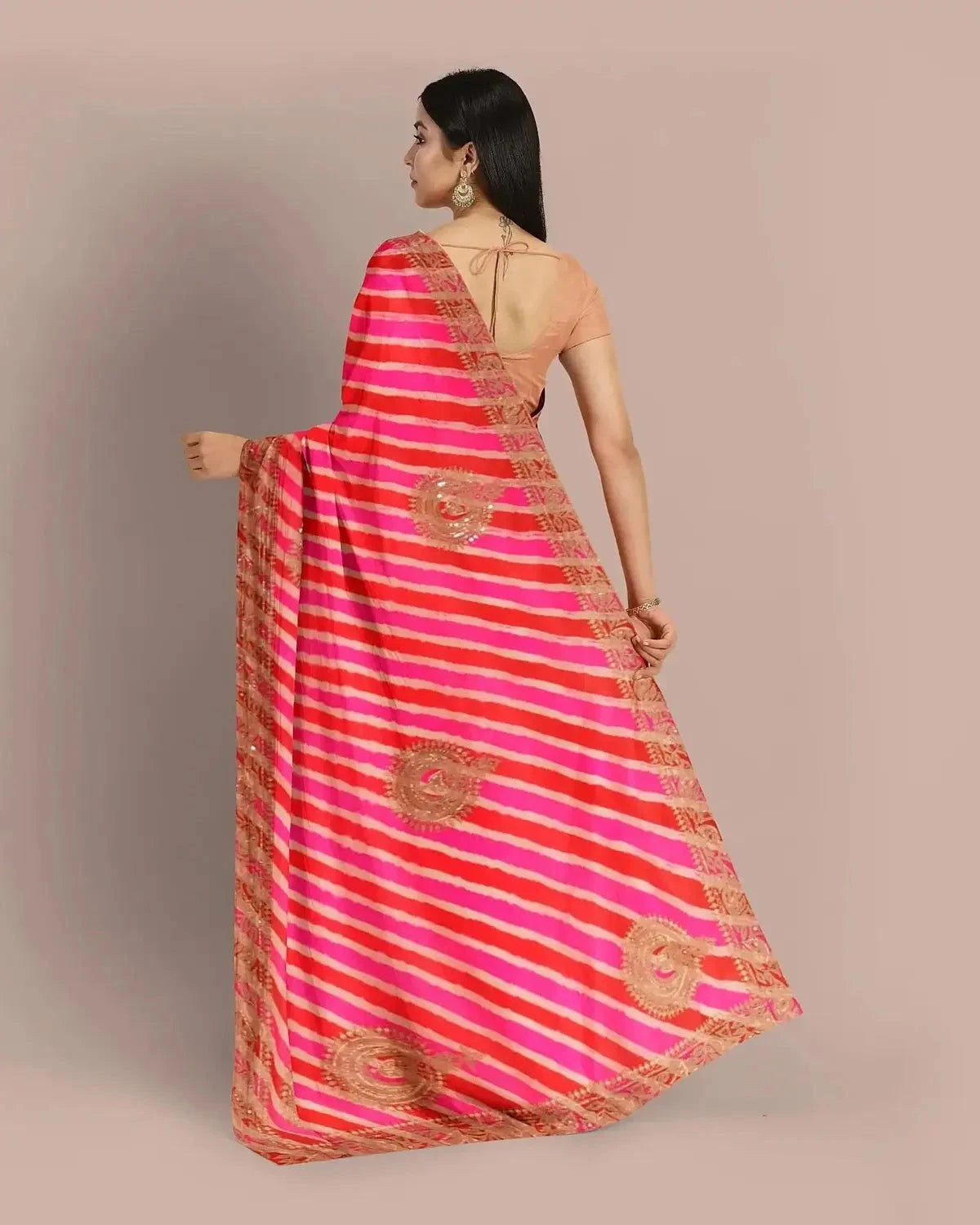 Pink And Red Embroidered Lehriya Saree - Pallodstore