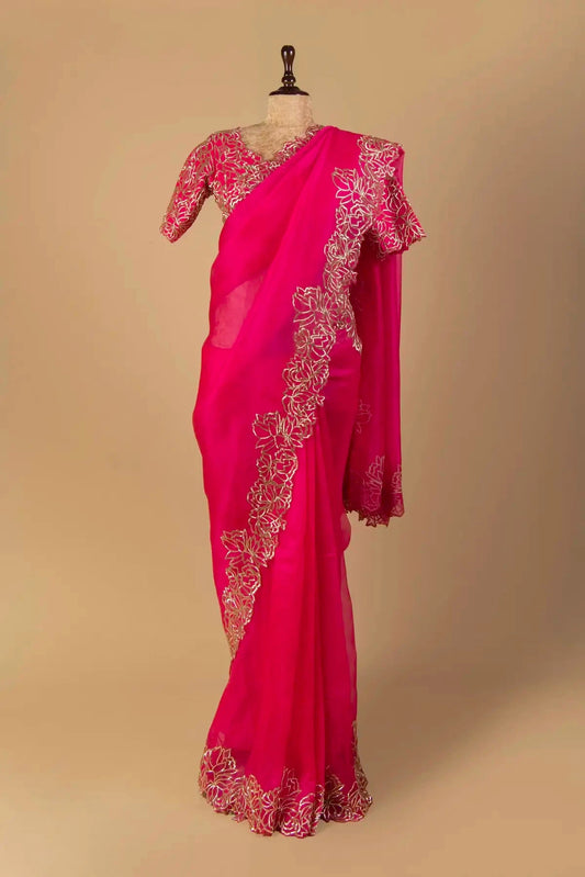 Pink Embroidered Organza Saree - Pallodstore