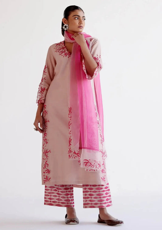 Pink Fuchsia Chanderi Kurta Set with Resham Embroidery - Pallodstore