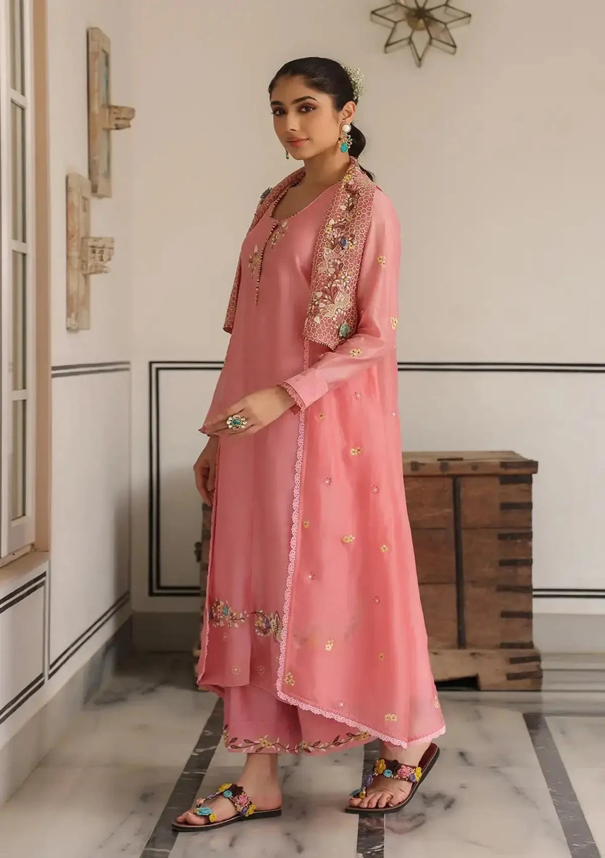 Pink Gulzar Jacket Style Kurta Set - Pallodstore