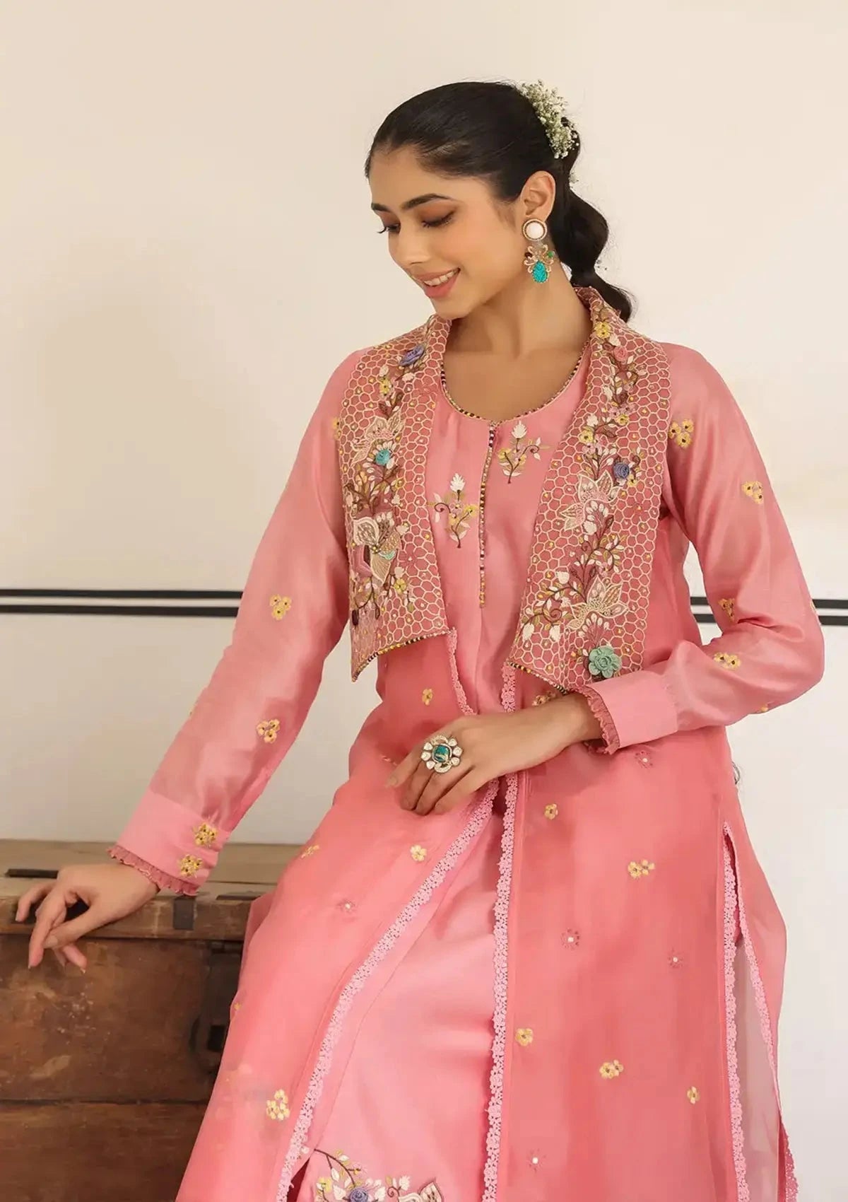 Pink Gulzar Jacket Style Kurta Set - Pallodstore