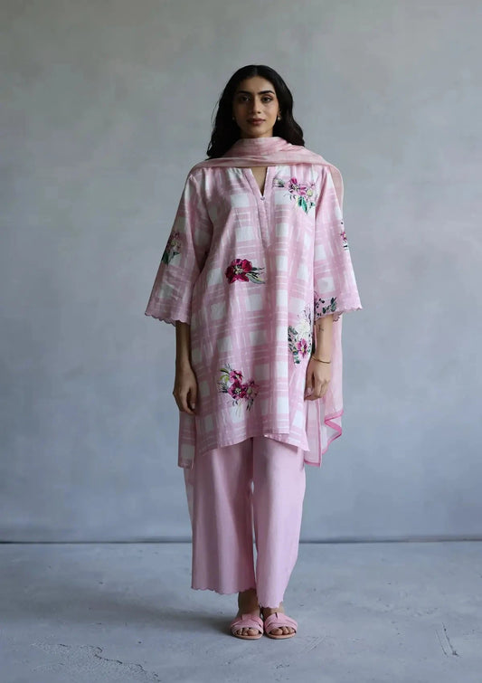 Pink Linen Printed Classic Checks Floral Kurta Set - Pallodstore
