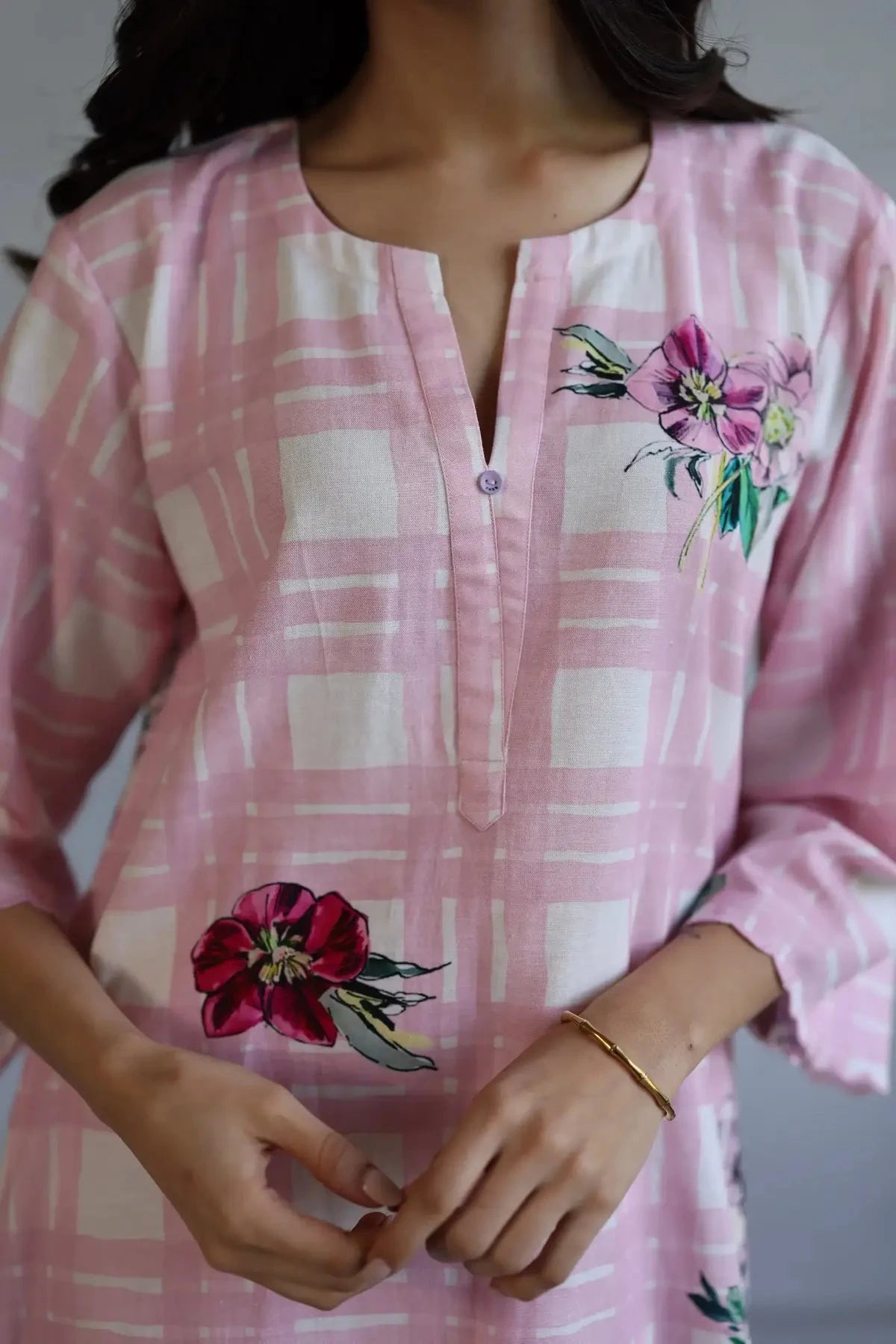 Pink Linen Printed Classic Checks Floral Kurta Set - Pallodstore