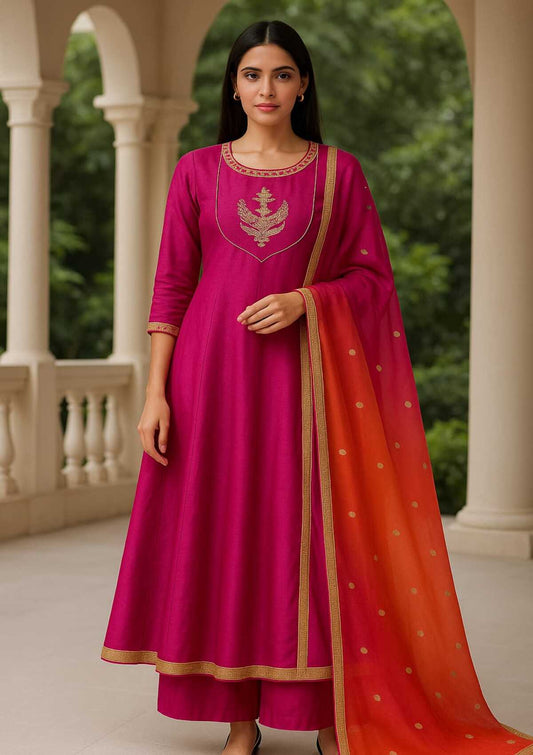 Pink Long Anarkali Shaded Dupatta Set - Pallodstore