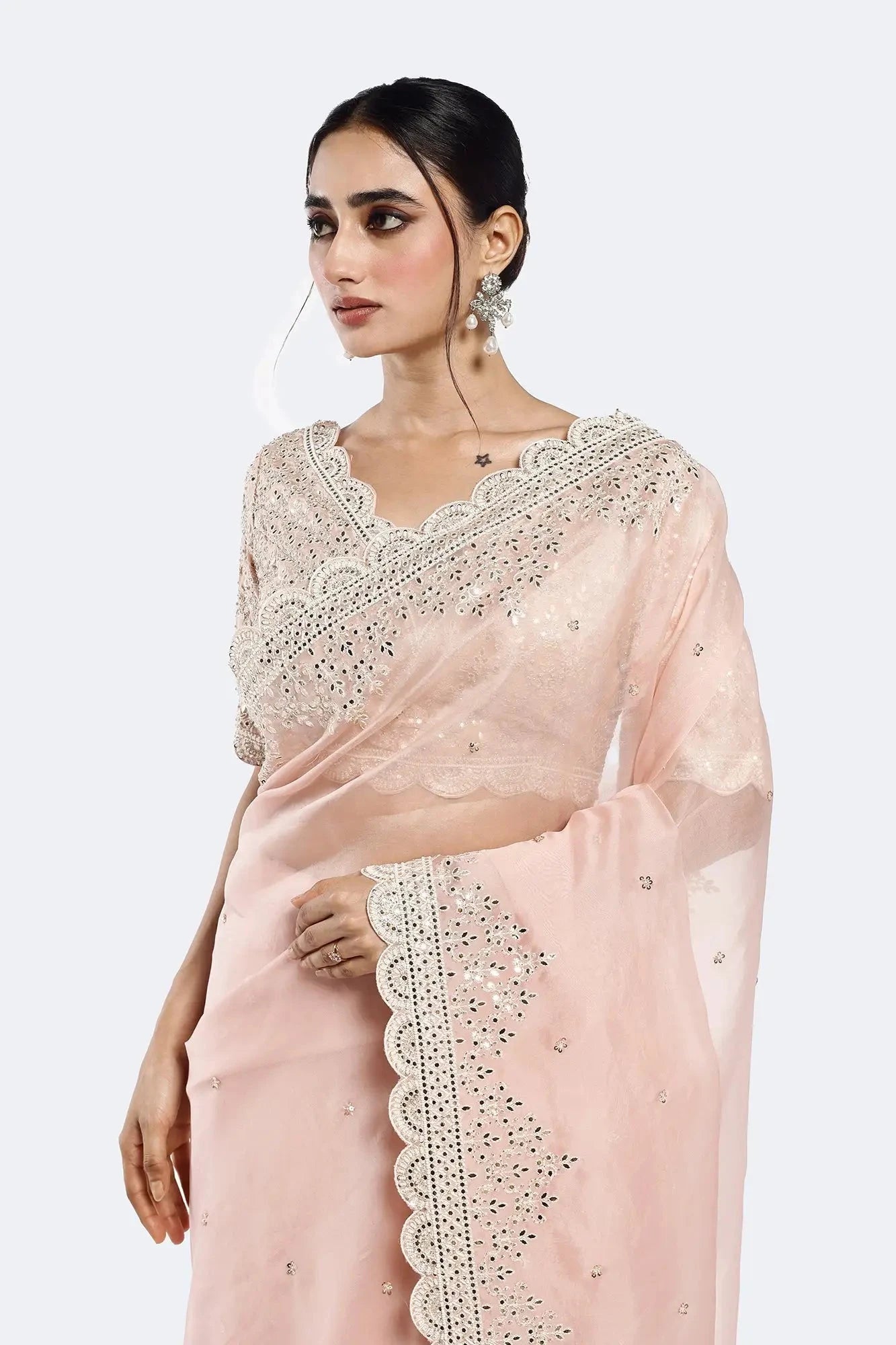 Pink Sequinned Organza Saree - Pallodstore