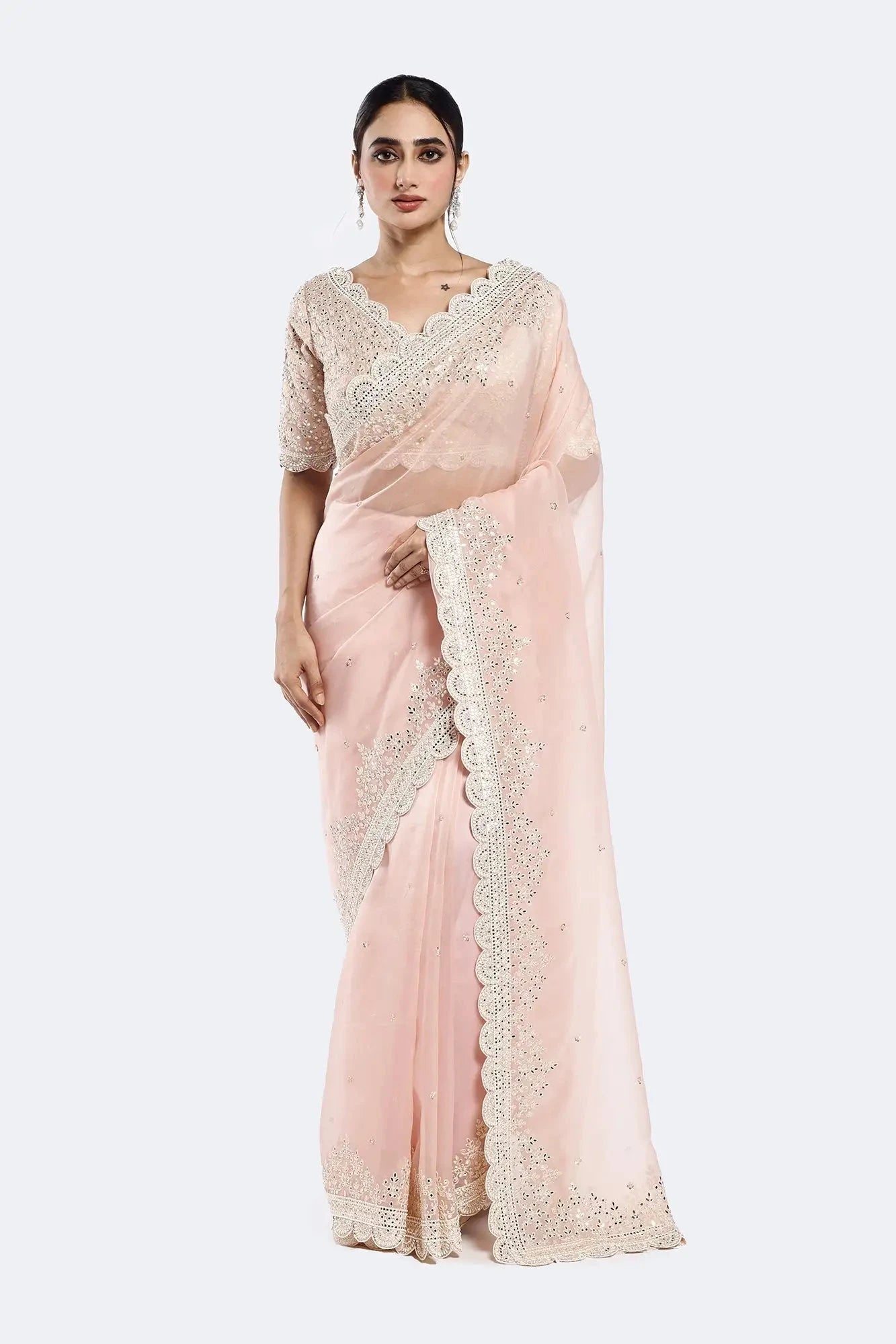 Pink Sequinned Organza Saree - Pallodstore
