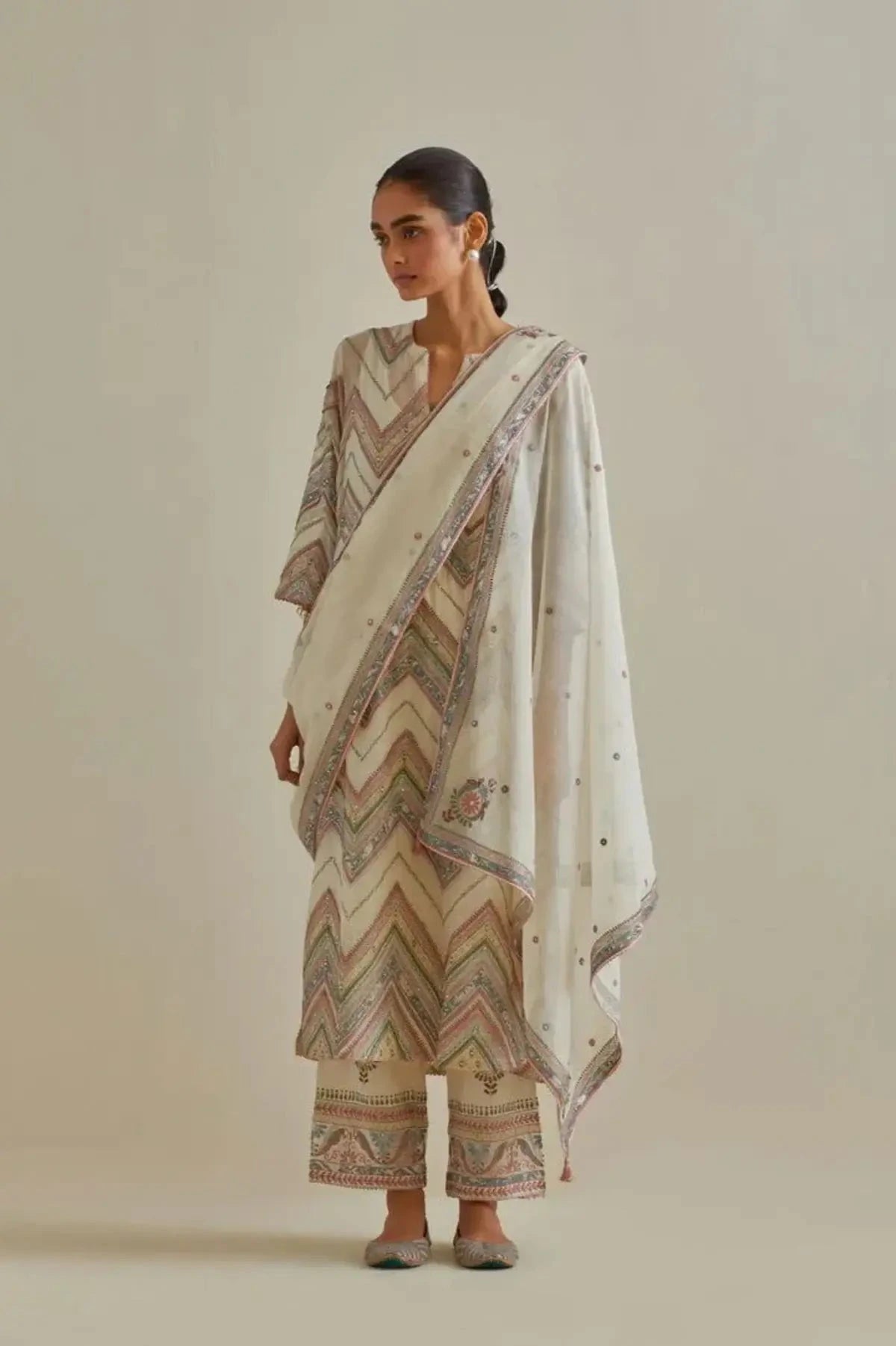 Pink and off-white cotton chanderi straight kurta set - Pallodstore