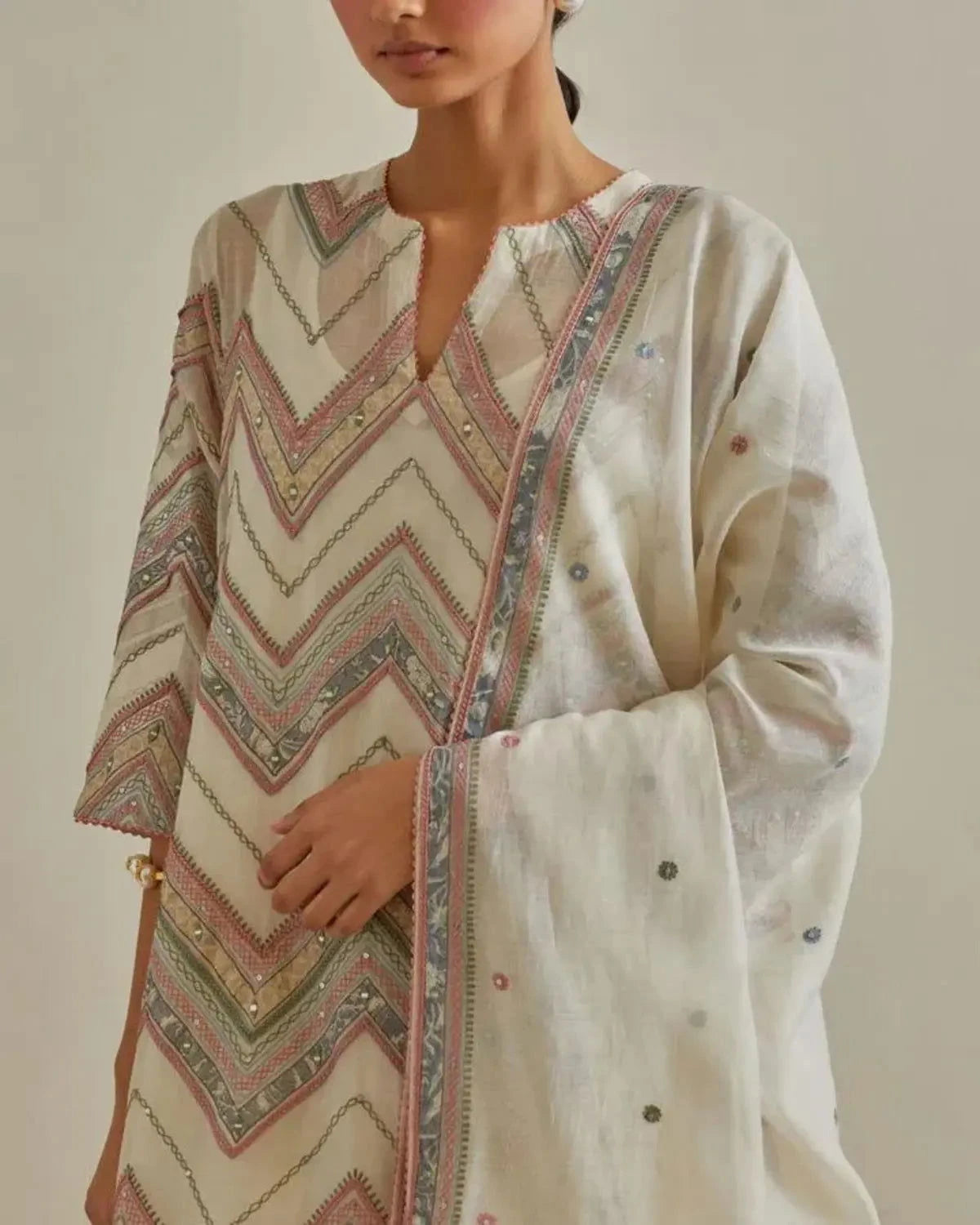 Pink and off-white cotton chanderi straight kurta set - Pallodstore