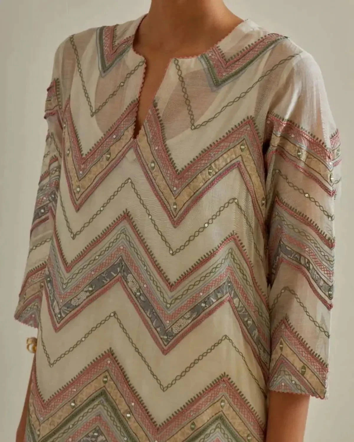 Pink and off-white cotton chanderi straight kurta set - Pallodstore