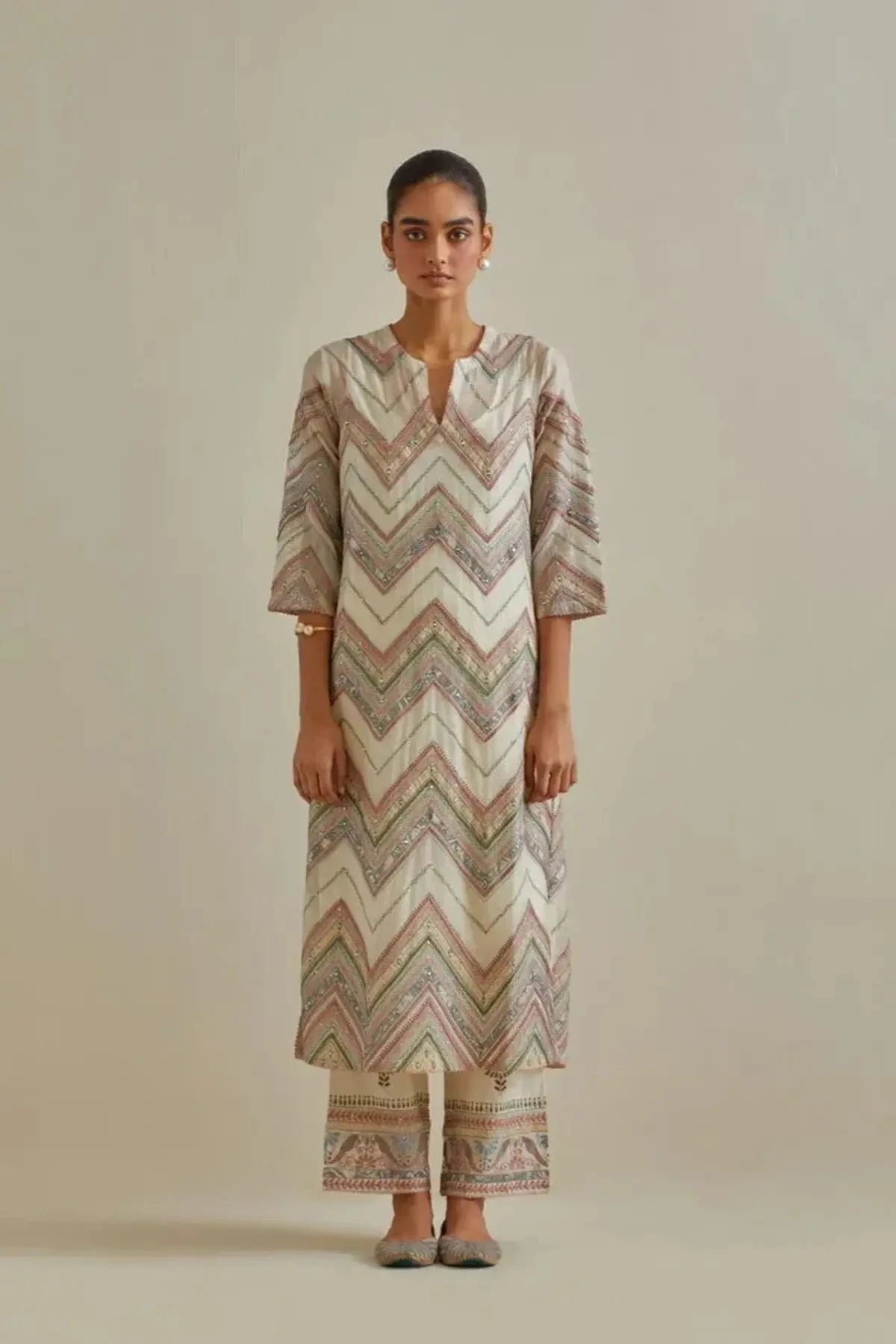 Pink and off-white cotton chanderi straight kurta set - Pallodstore