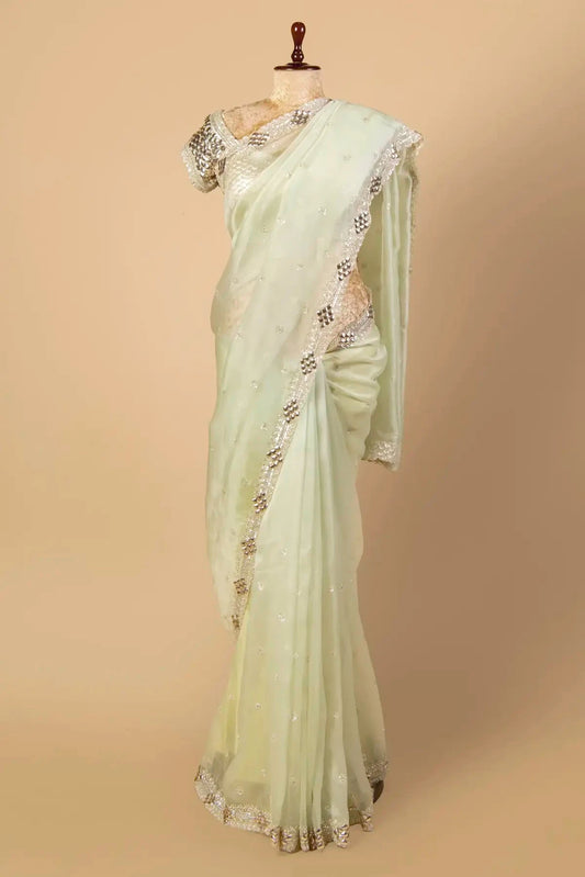Pista Green Organza Embroidered Saree - Pallodstore