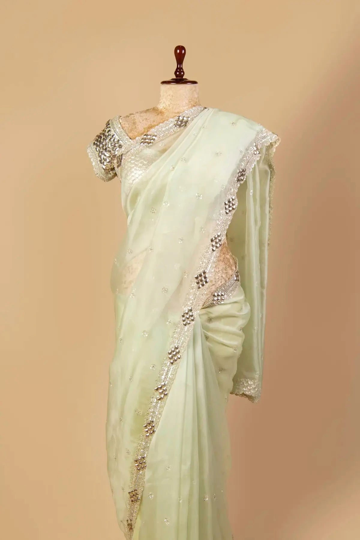 Pista Green Organza Embroidered Saree - Pallodstore