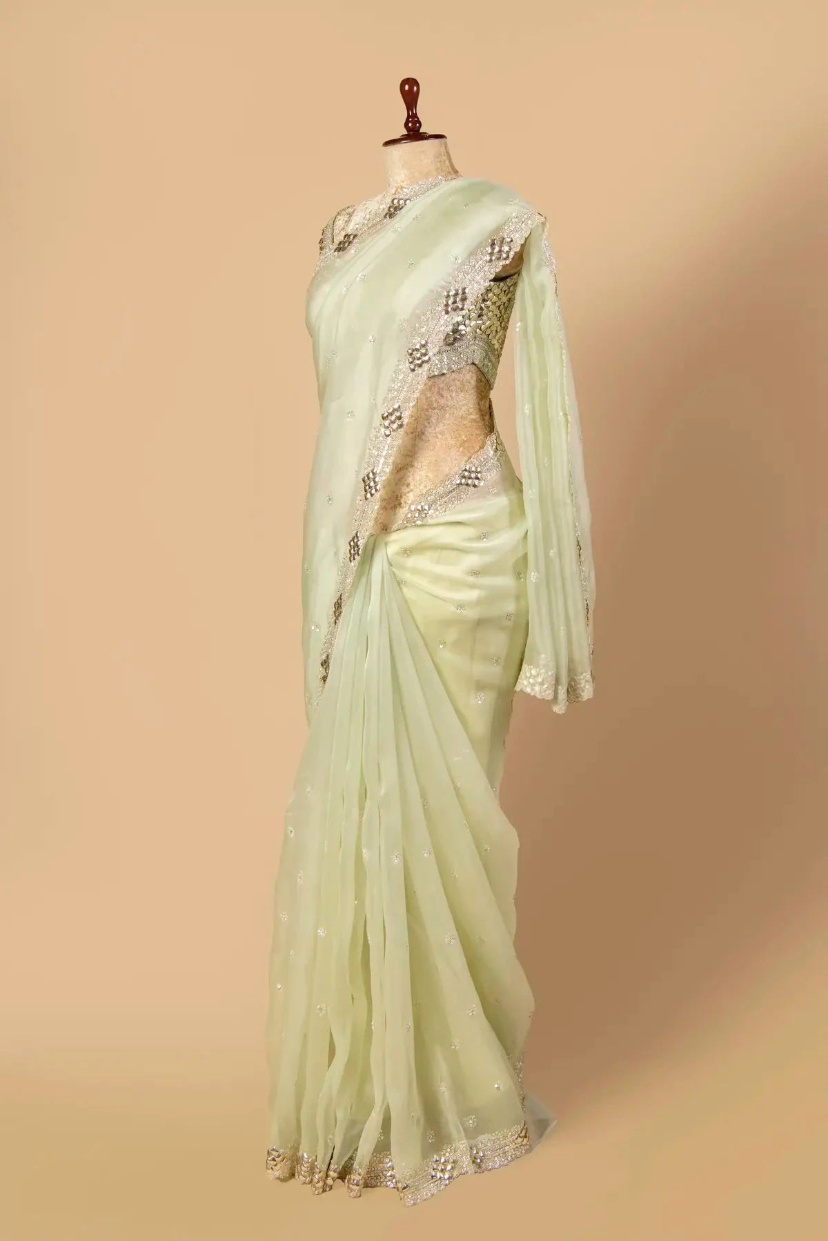 Pista Green Organza Embroidered Saree - Pallodstore