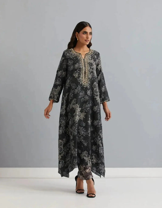 Polka Black Printed Crushed Silk Kurta Set - Pallodstore