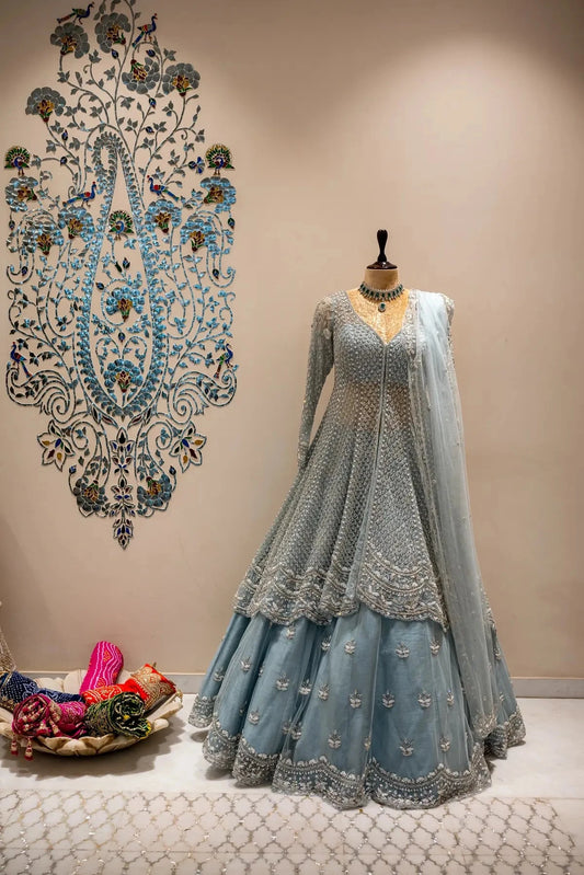 Powder Blue Jacket With Lehenga Indo Western - Pallodstore