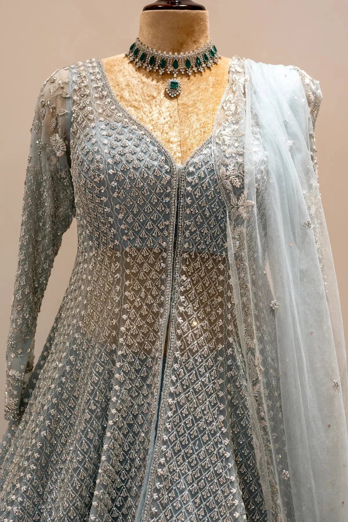 Powder Blue Jacket With Lehenga Indo Western - Pallodstore