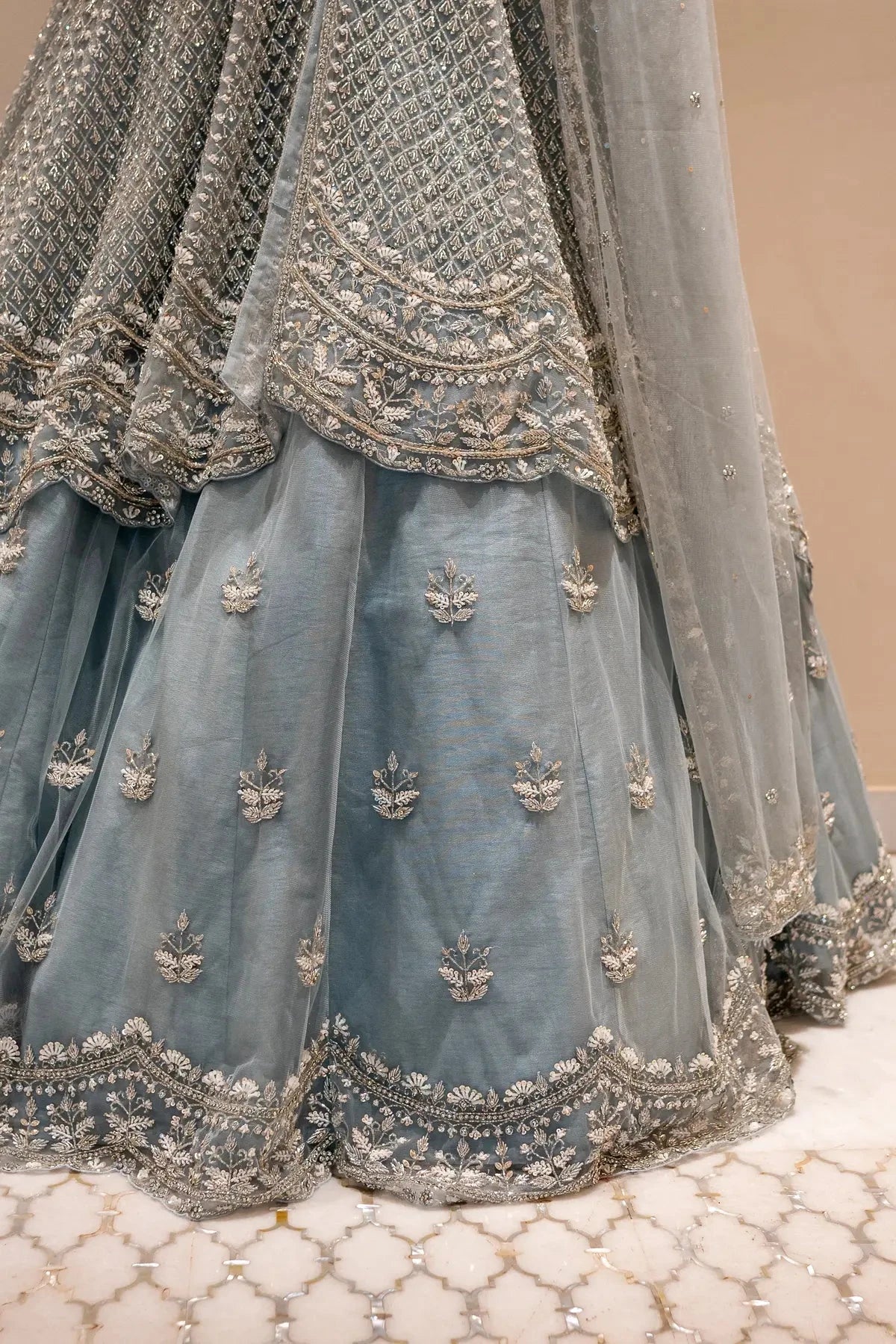 Powder Blue Jacket With Lehenga Indo Western - Pallodstore