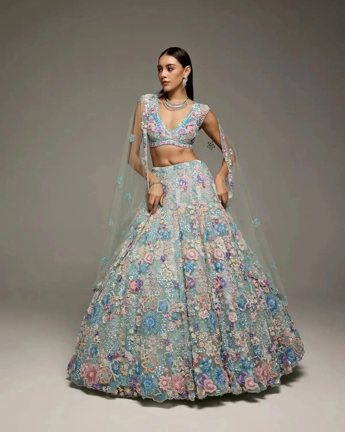 Powder Blue Multi-colour Lehenga - Pallodstore