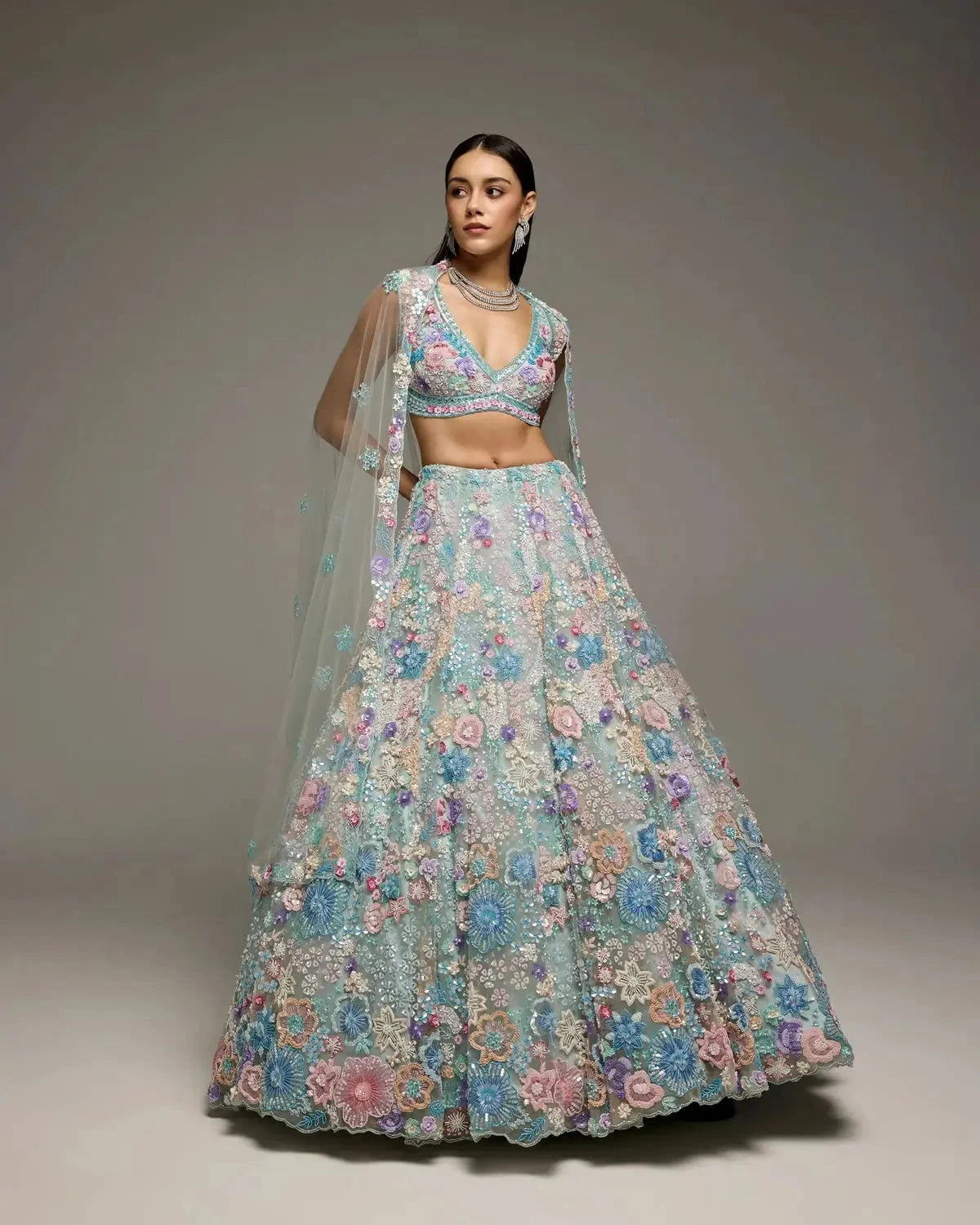 Powder Blue Multi-colour Lehenga - Pallodstore