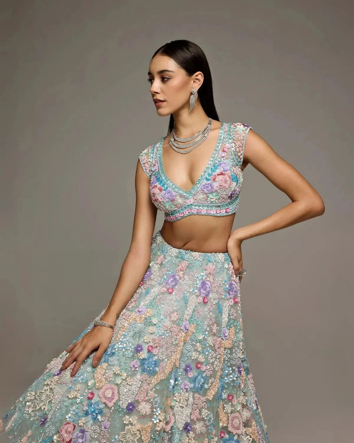 Powder Blue Multi-colour Lehenga - Pallodstore
