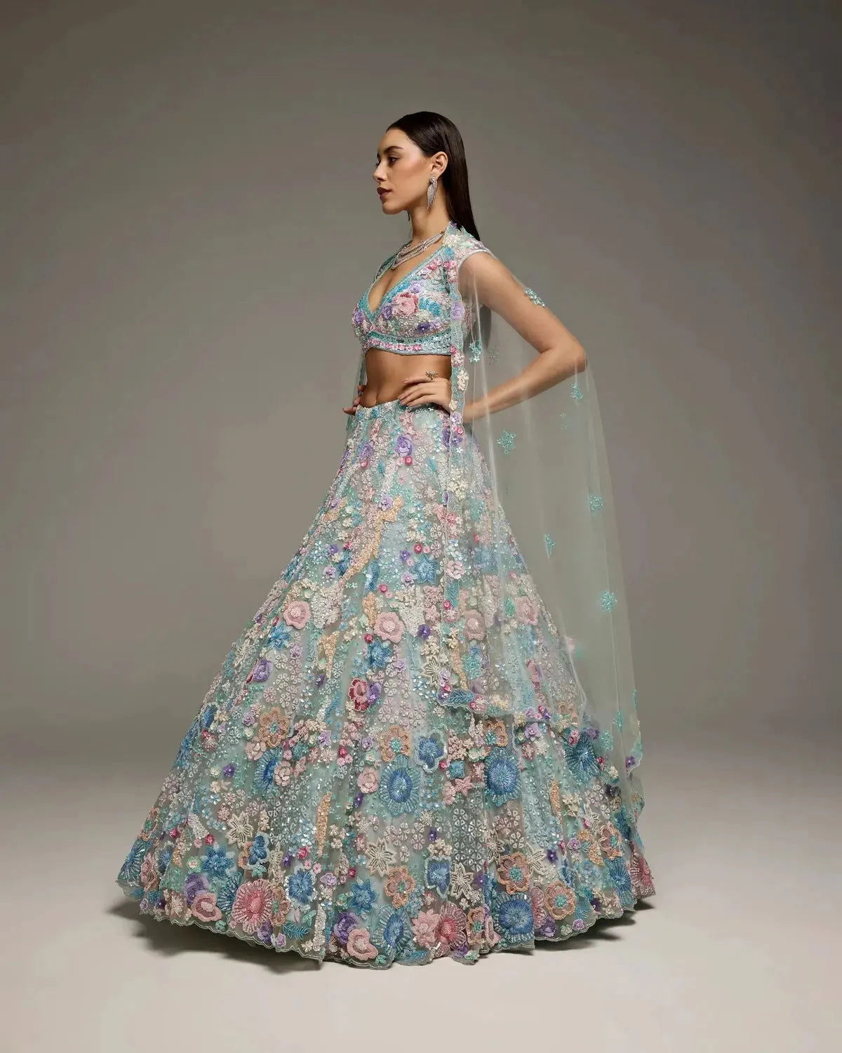 Powder Blue Multi-colour Lehenga - Pallodstore