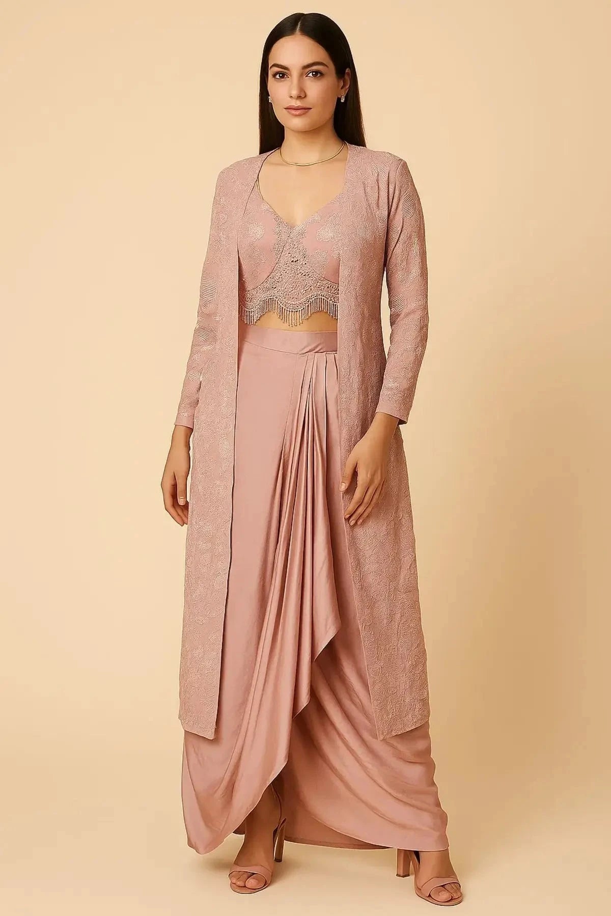 Powder Pink Long Jacket Indo Western - Pallodstore