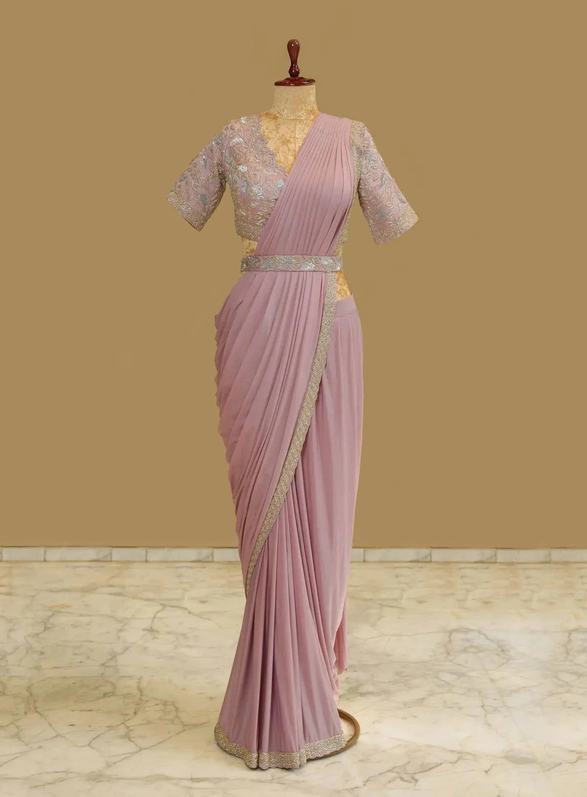 Pre-draping Mauve Satin Saree - Pallodstore