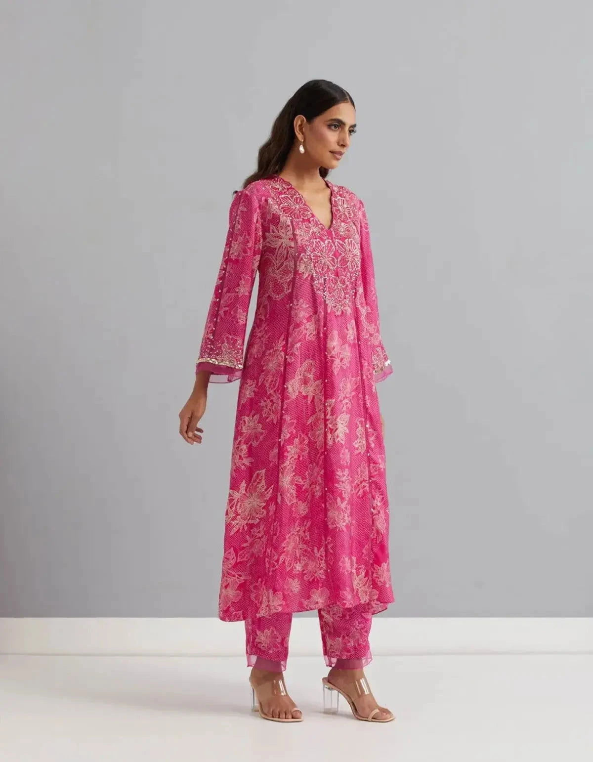 Printed Viscose Silk Kurta Set In Polka Pink - Pallodstore