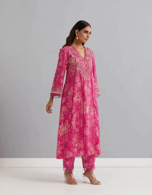 Printed Viscose Silk Kurta Set In Polka Pink - Pallodstore
