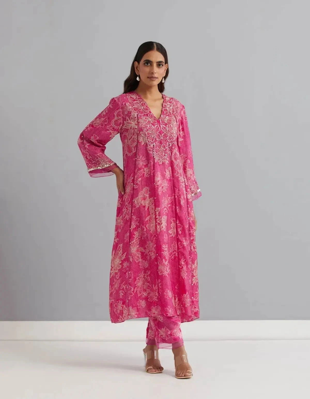 Printed Viscose Silk Kurta Set In Polka Pink - Pallodstore
