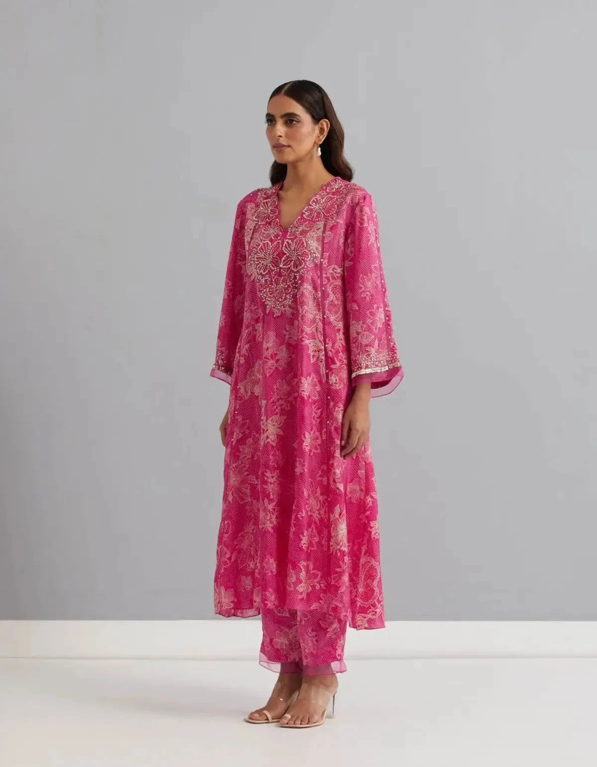 Printed Viscose Silk Kurta Set In Polka Pink - Pallodstore
