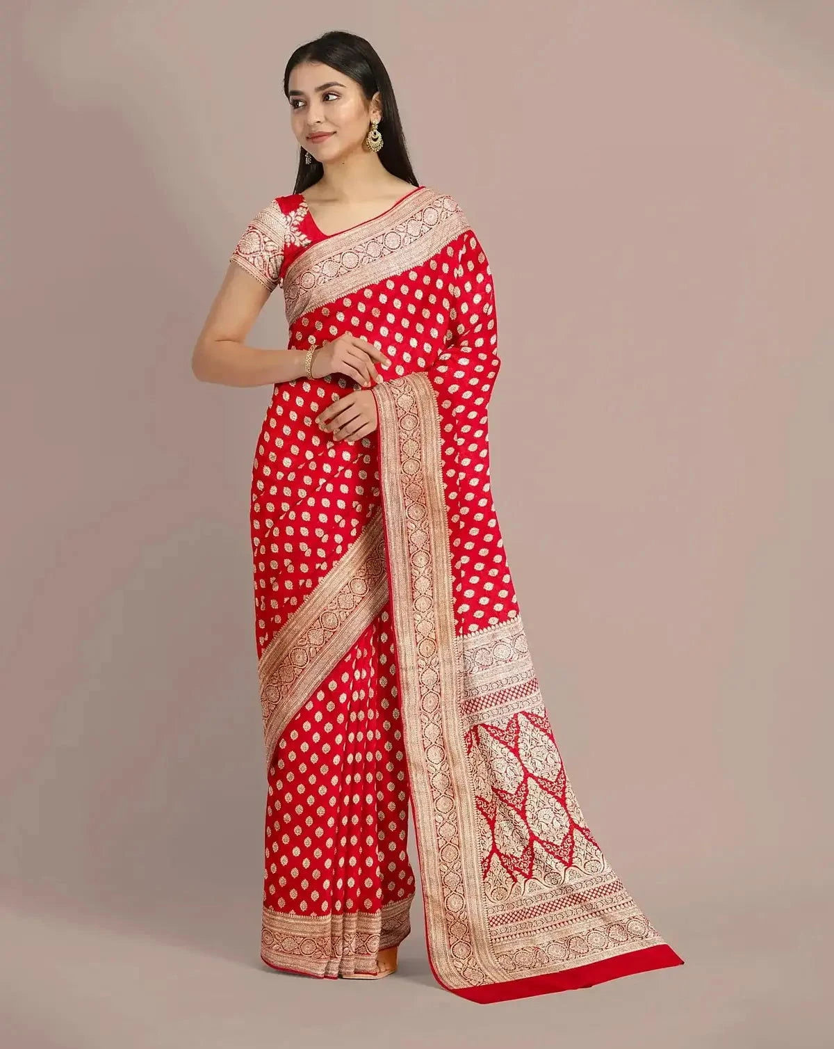 Pure Zari Woven Banarasi Red Silk Saree - Pallodstore
