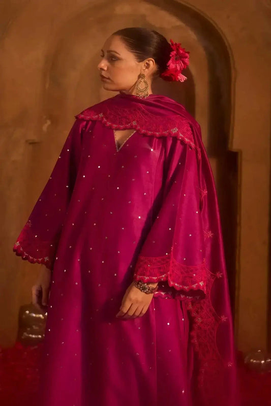 Purple Chanderi Embroidered A-Line Kurta With Pants And Dupatta - Pallodstore