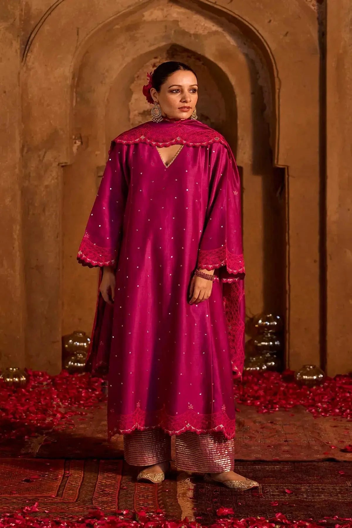 Purple Chanderi Embroidered A-Line Kurta With Pants And Dupatta - Pallodstore