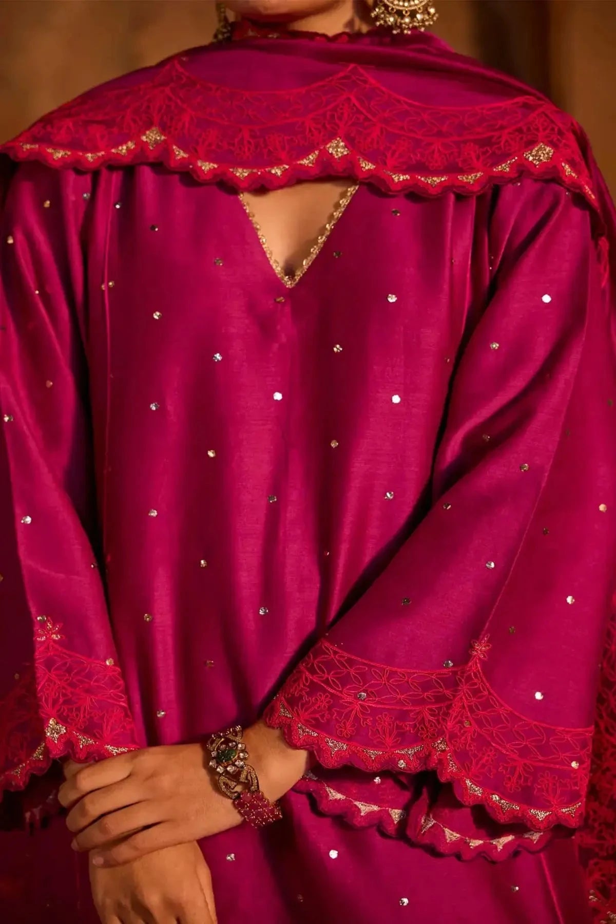 Purple Chanderi Embroidered A-Line Kurta With Pants And Dupatta - Pallodstore