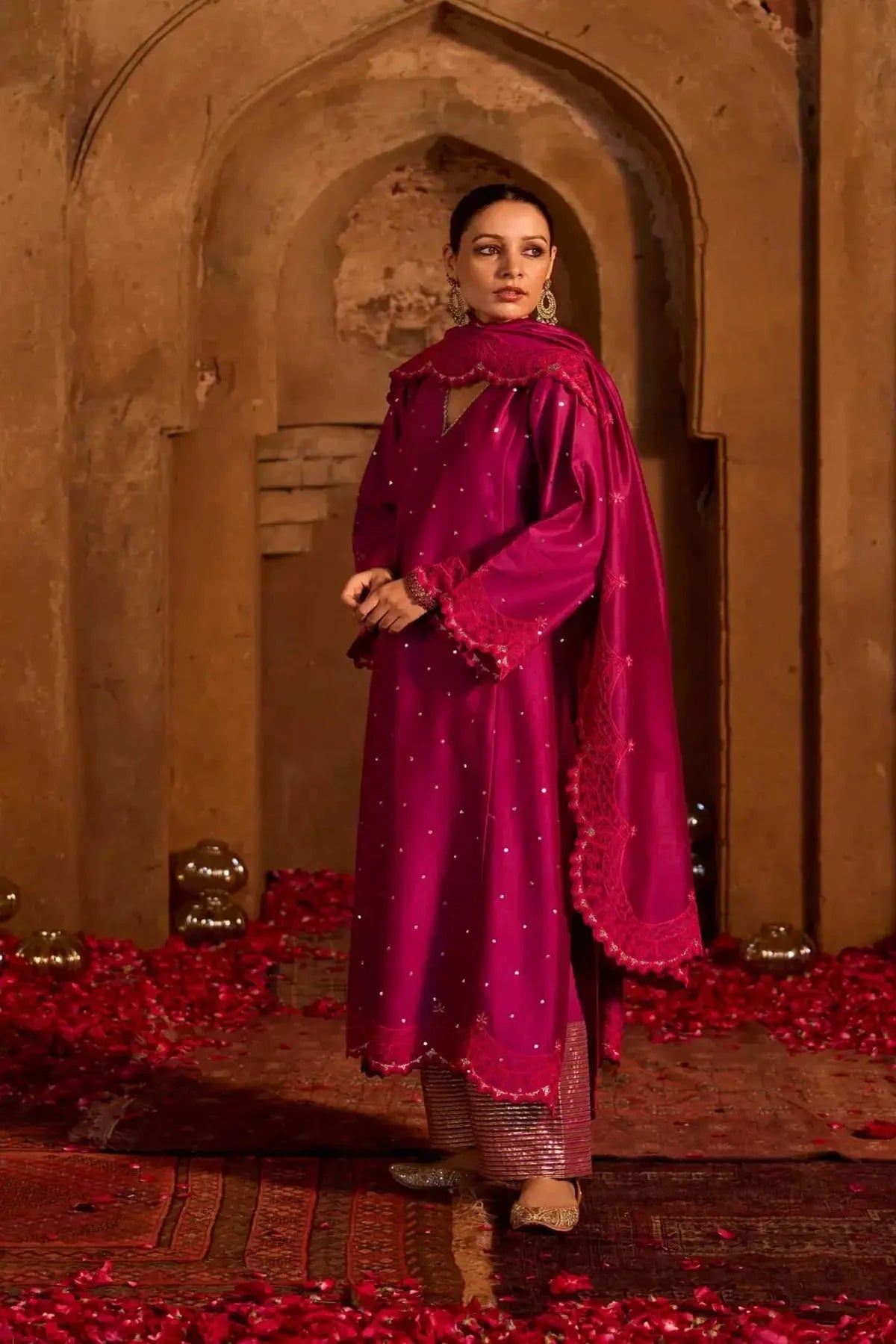 Purple Chanderi Embroidered A-Line Kurta With Pants And Dupatta - Pallodstore