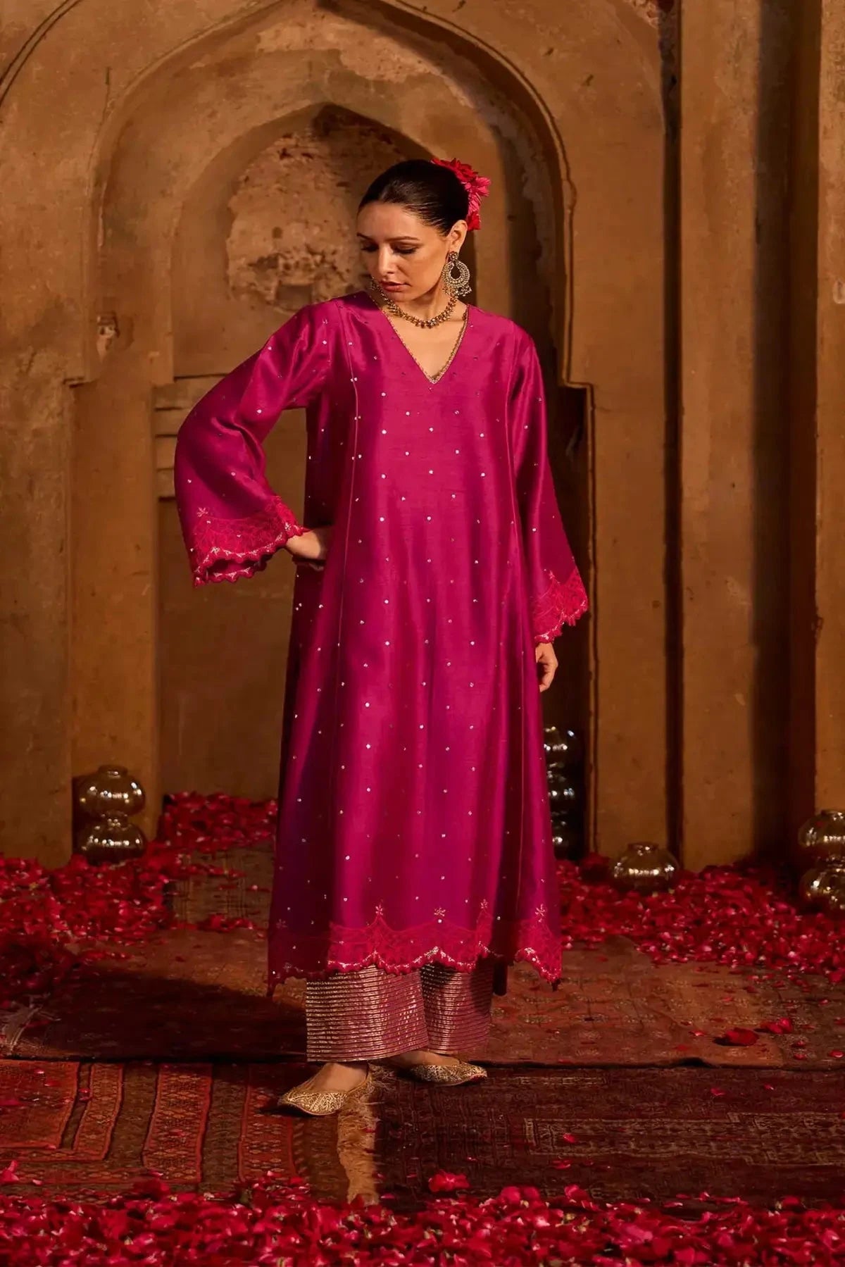 Purple Chanderi Embroidered A-Line Kurta With Pants And Dupatta - Pallodstore