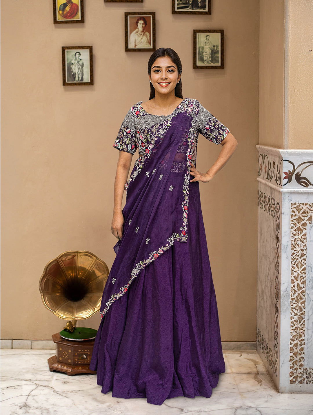 Purple Pre-Draped Dupatta Lehenga - Pallodstore