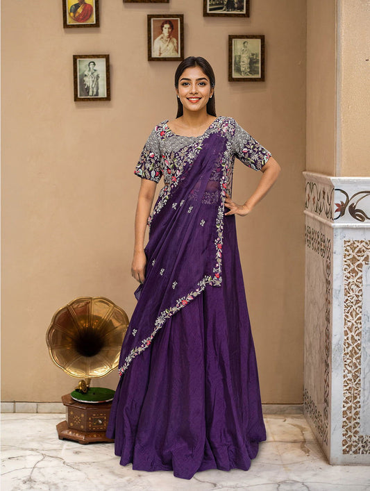 Purple Pre-Draped Dupatta Lehenga - Pallodstore
