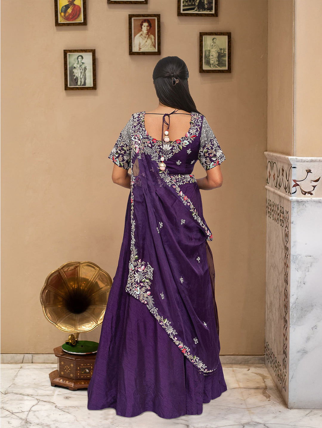 Purple Pre-Draped Dupatta Lehenga - Pallodstore