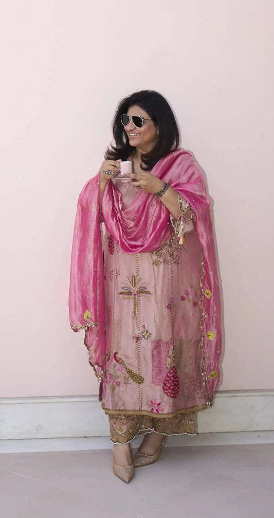 Raji Pastel Pink Tissue Kurta Set - Pallodstore