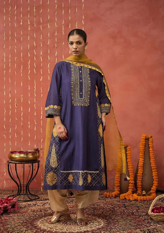 Rani - Purple Kali Embroidered Kurta Set - Pallodstore