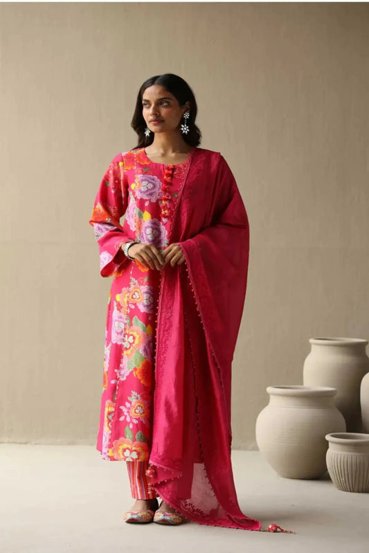Raspberry Chanderi Hand Embroidered Kurta With Pants And Embroidered Dupatta - Pallodstore