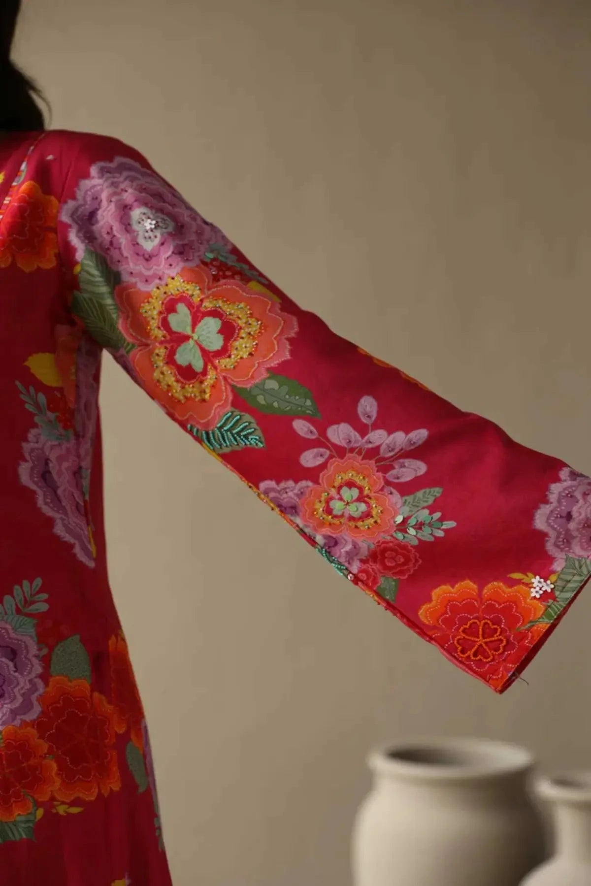 Raspberry Chanderi Hand Embroidered Kurta With Pants And Embroidered Dupatta - Pallodstore