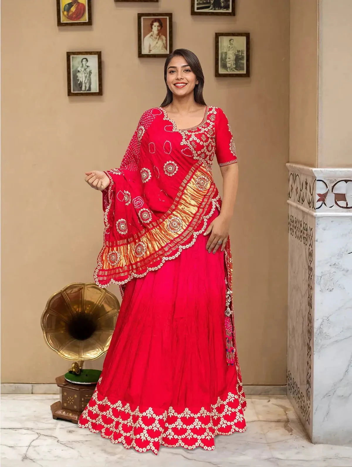 Red Bandhej Traditional Lehenga - Pallodstore